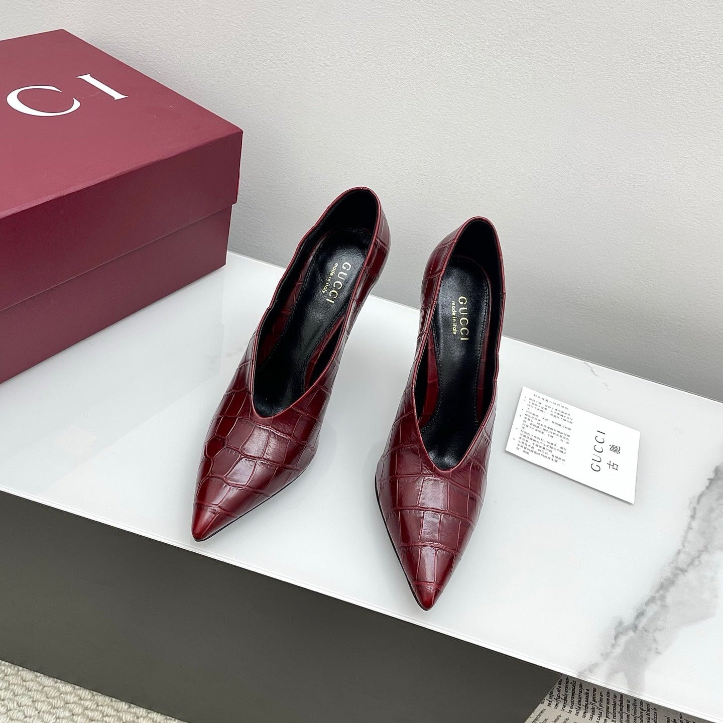 GG 25Ss Crocodile Pattern Pointed Toe High Heels Burgundy Leather 511496