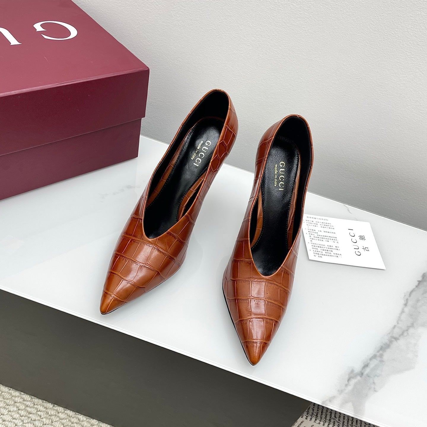 GG 25Ss Crocodile Pattern Pointed Toe High Heels Caramel  Leather 511497