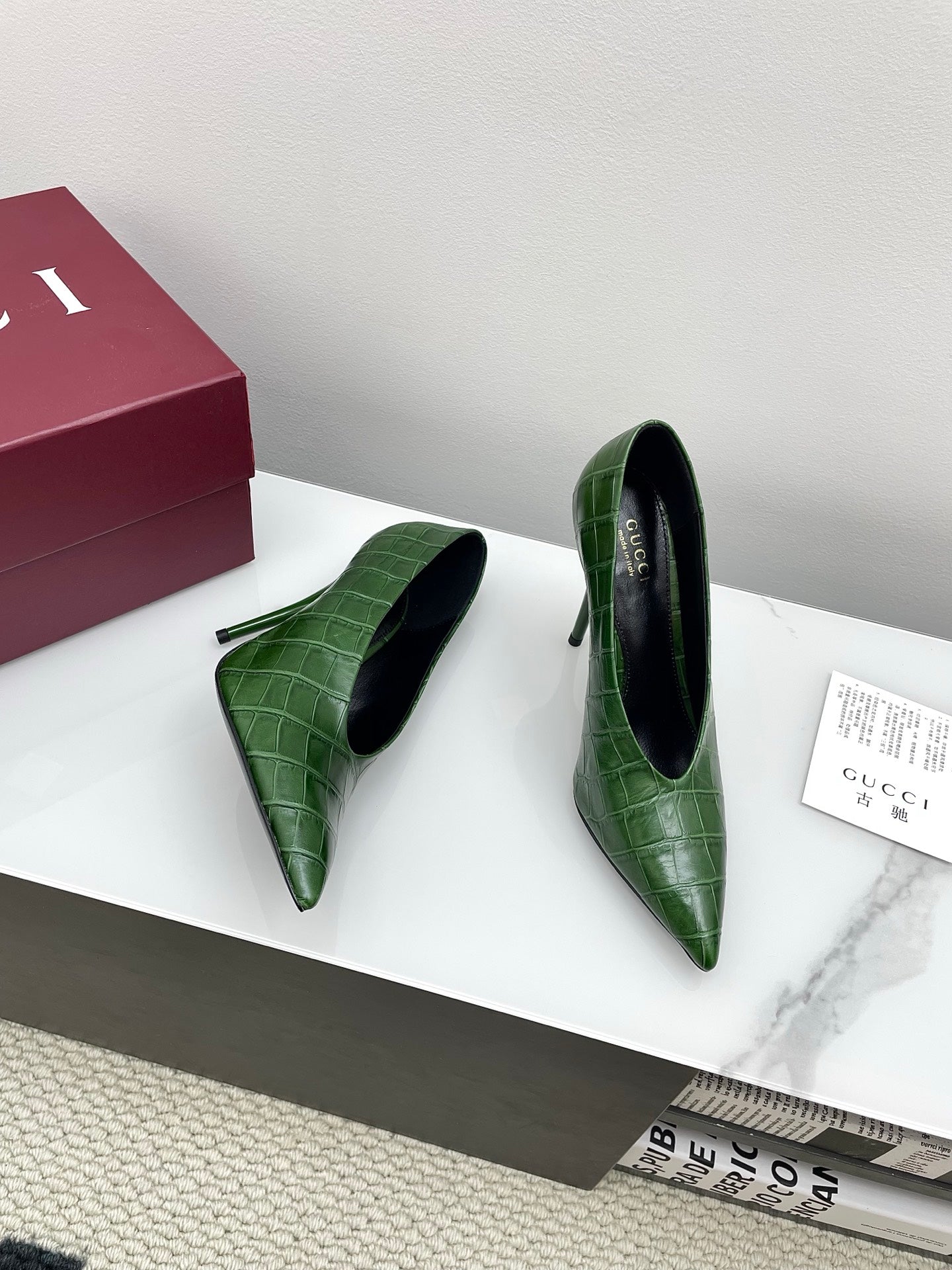 GG 25Ss Crocodile Pattern Pointed Toe High Heels Dark Green Leather 511498