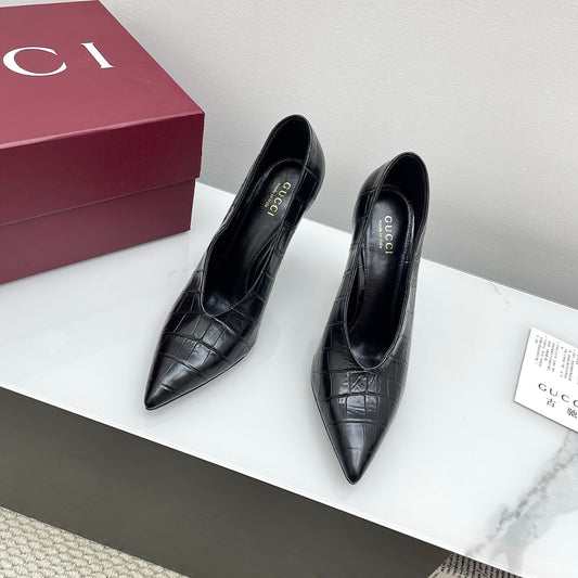 GG 25Ss Crocodile Pattern Pointed Toe High Heels Black Leather 511499