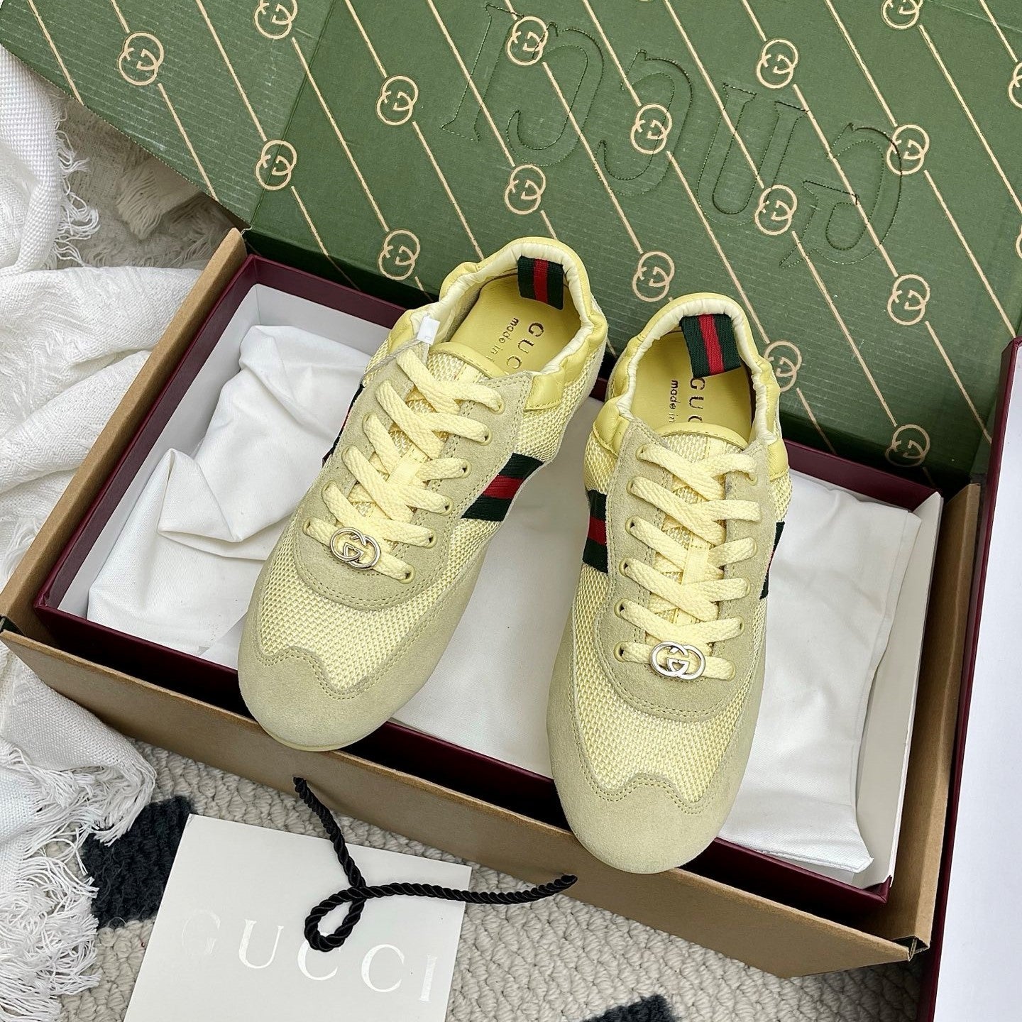 GG Women's Crystal Shift Trainers Yellow Mesh Suede 611292
