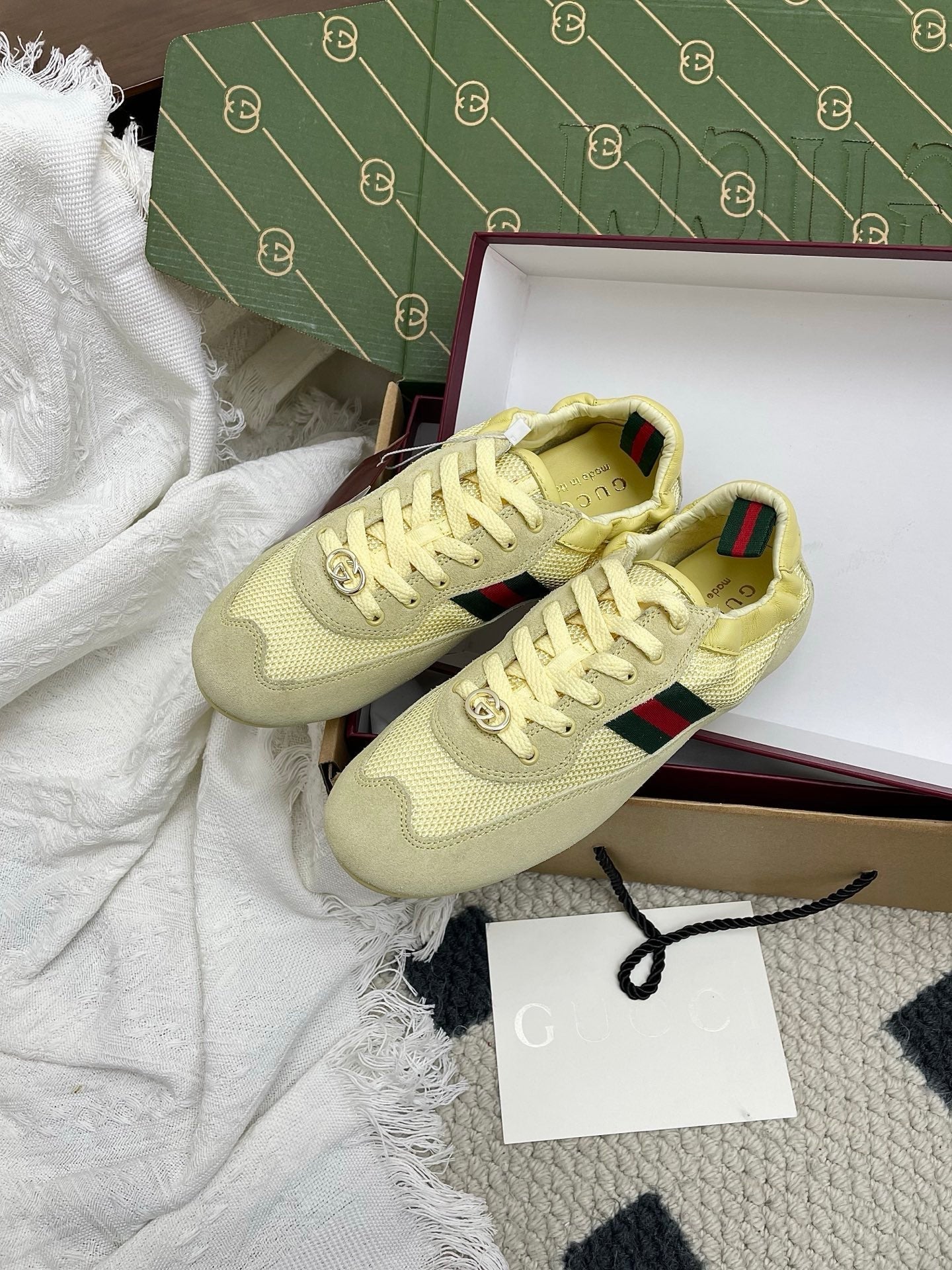 GG Women's Crystal Shift Trainers Yellow Mesh Suede 611292