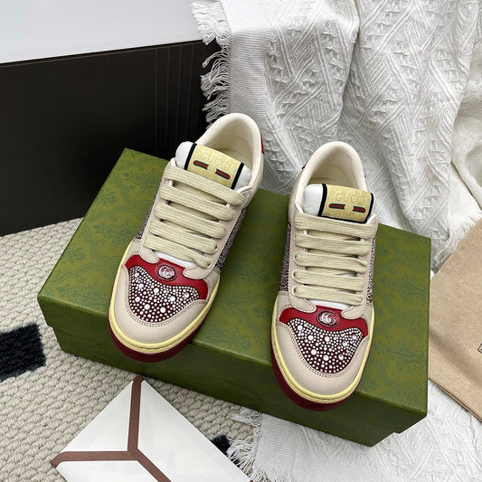 GG Women's Crystal Screener Sneaker Ivory Red Leather 611296