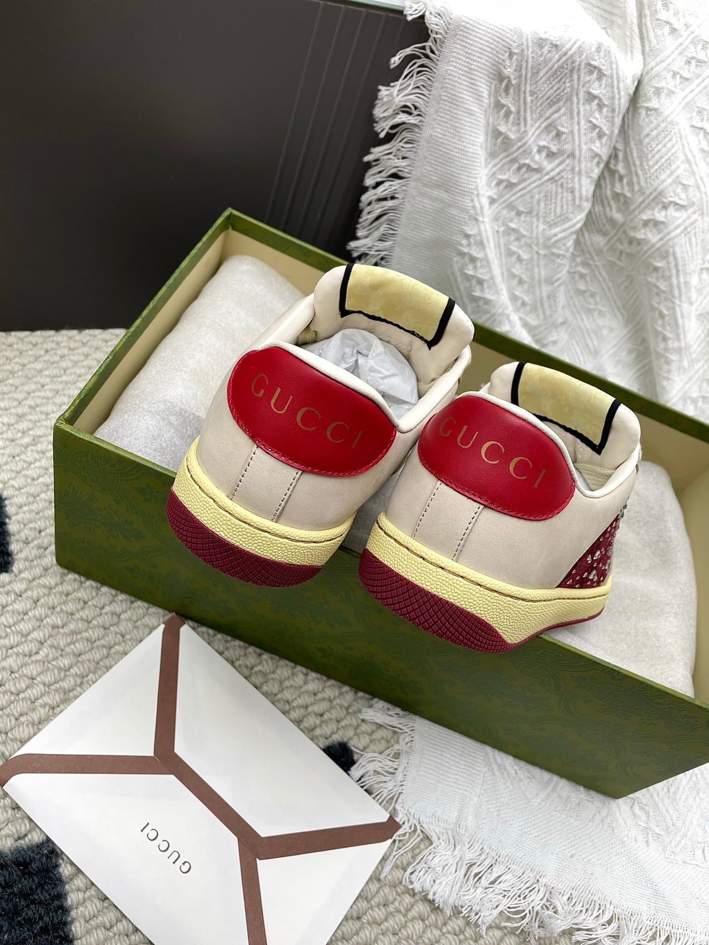 GG Women's Crystal Screener Sneaker Ivory Red Leather 611296