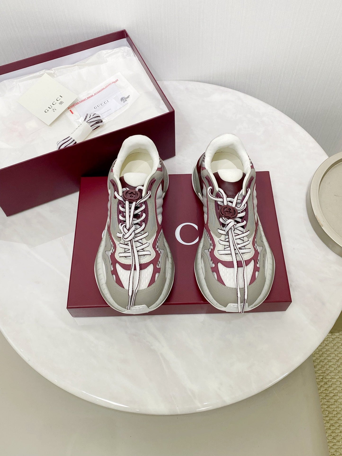 GG 2.0 Low Top Sneakers Grey Burgundy Mesh Leather 675576