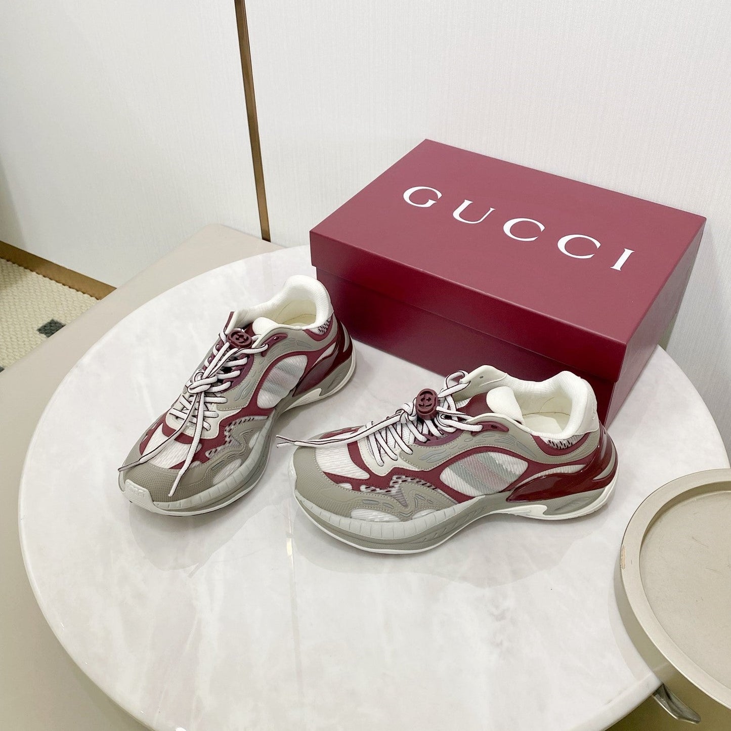 GG 2.0 Low Top Sneakers Grey Burgundy Mesh Leather 675576