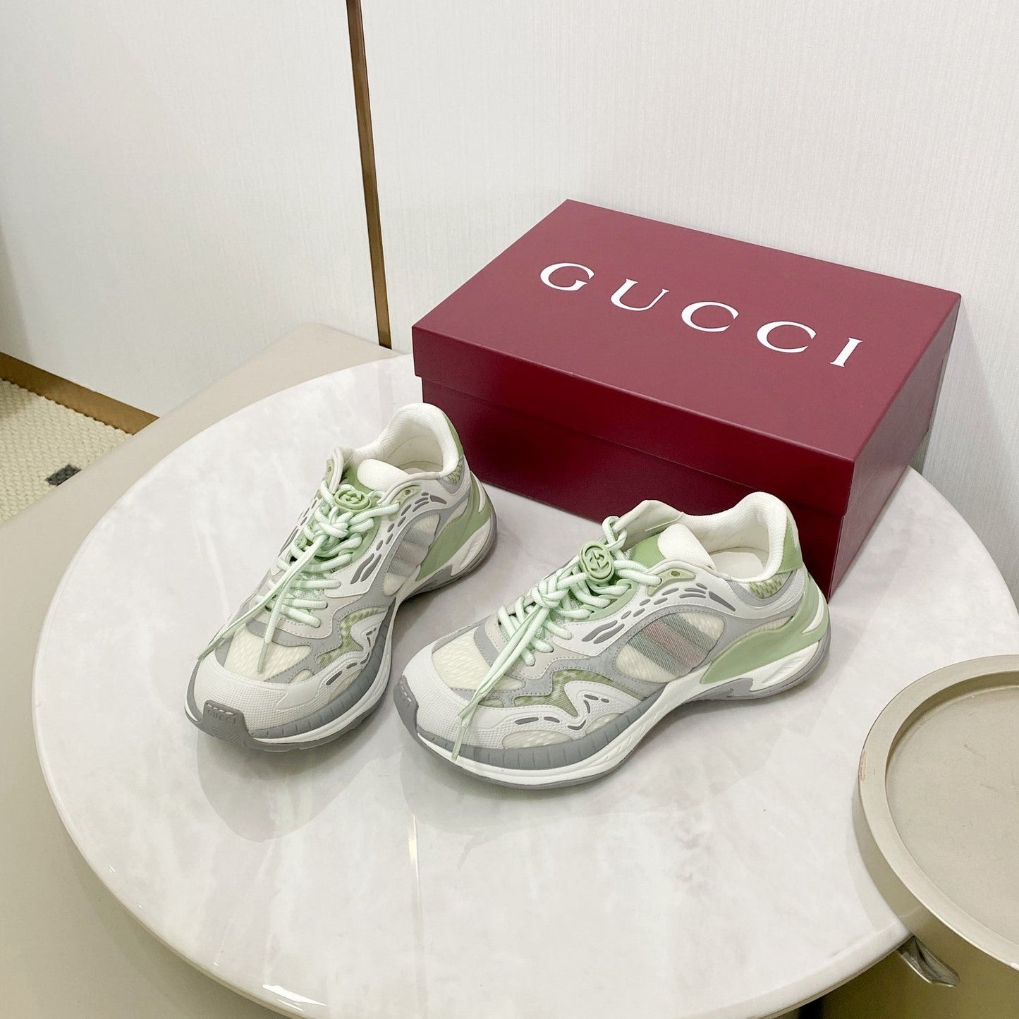 GG 2.0 Low Top Sneakers Grey Green Mesh Leather 675577