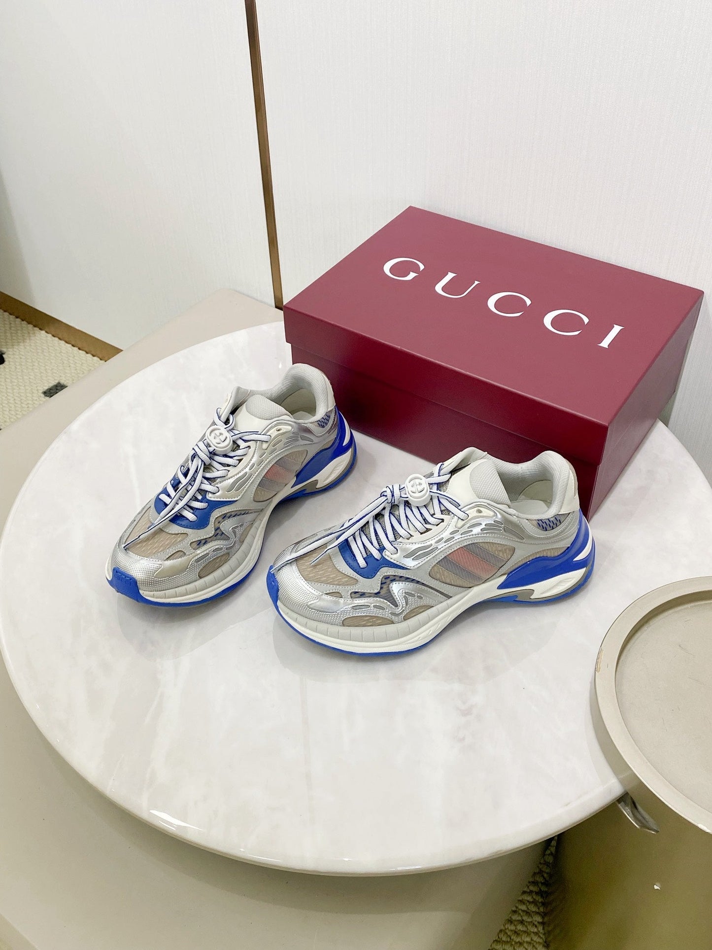 GG 2.0 Low Top Sneakers Grey Blue Mesh Leather 675580