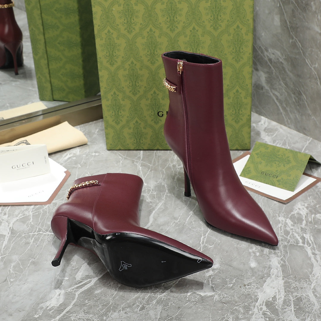 GG Ankle Boots with Chain 105mm Burgundy Calfskin 432681