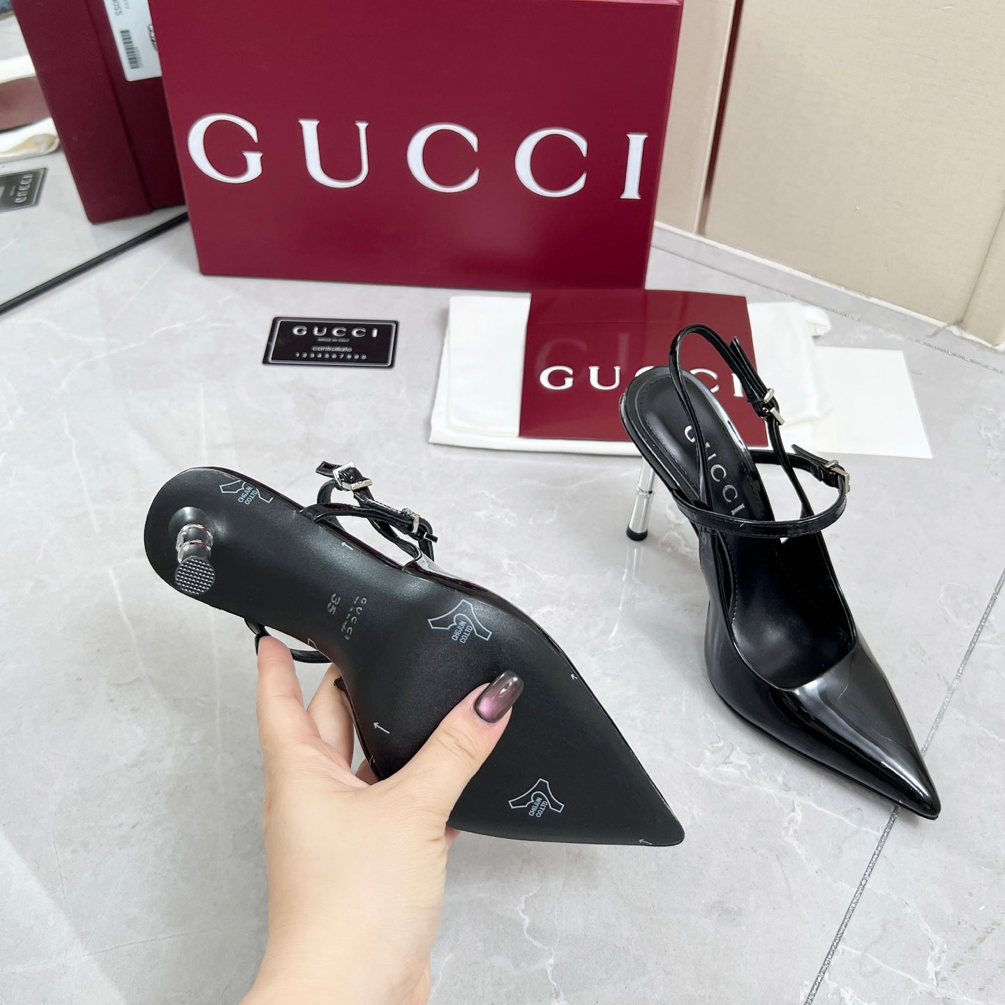 GC 25 Heeled 95mm Slingback Pump Black Patent Leather 293865