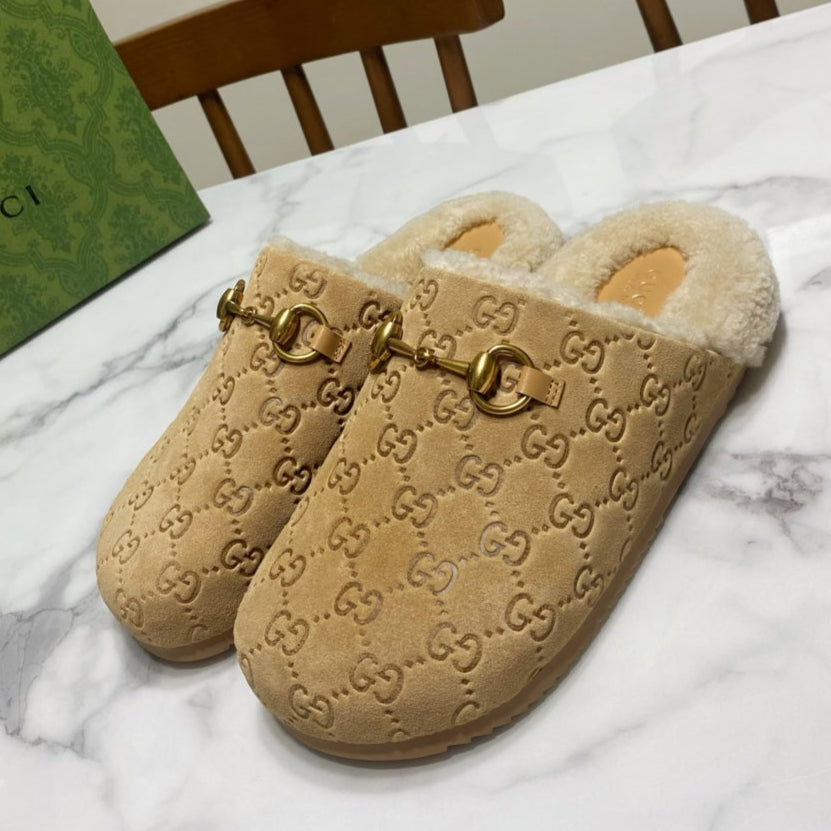 GG Horsebit Mules Beige Wool Leather