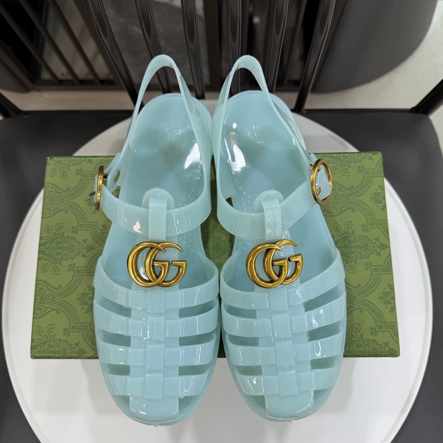 GG Sandals with Double G Light Blue Gold TPU 818211