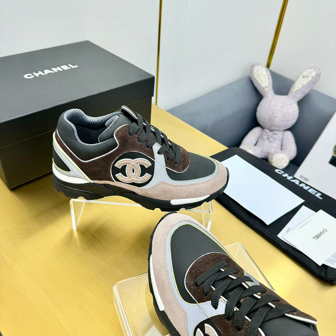 cc womens sneaker in black white calfskin and beige brown suede 137614