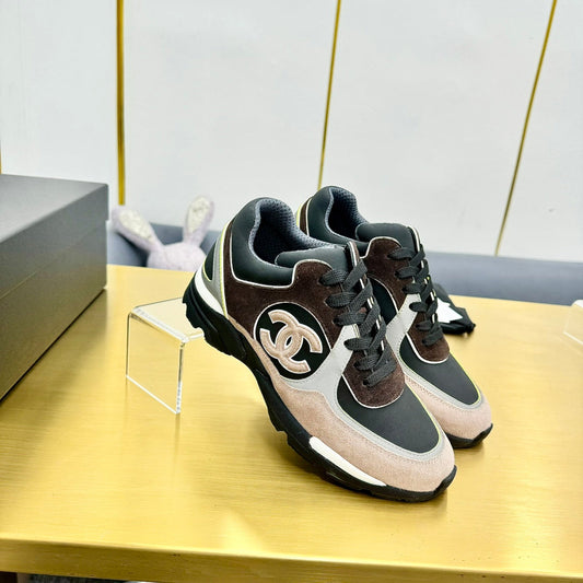 cc womens sneaker in black white calfskin and beige brown suede 137614