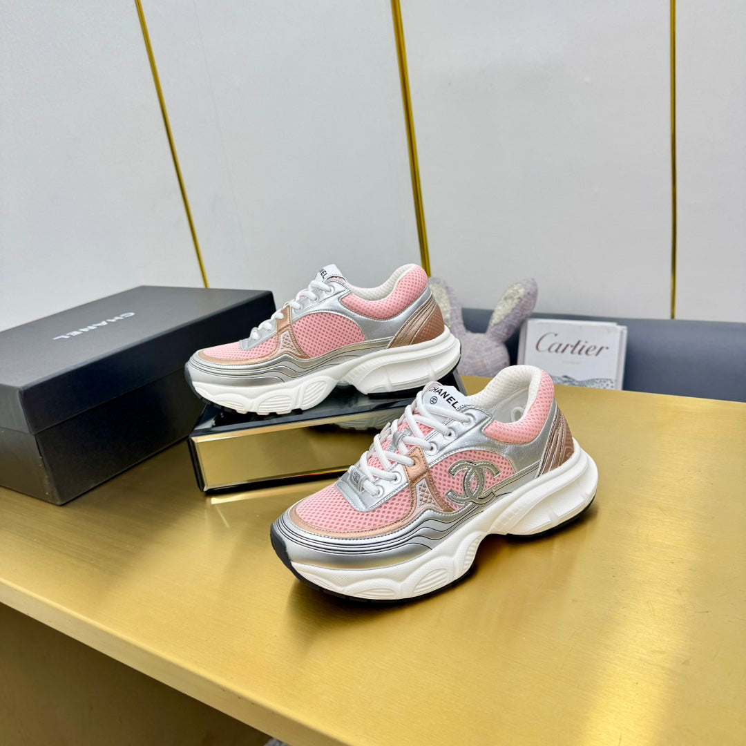 CC Logo Sneakers Sliver Pink Calfskin Mesh Fabric 927336