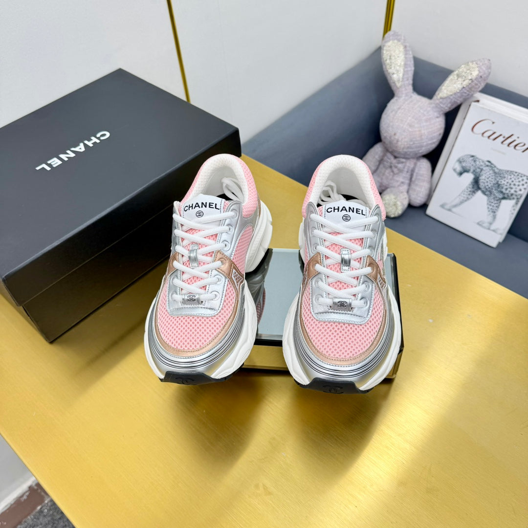 CC Logo Sneakers Sliver Pink Calfskin Mesh Fabric 927336
