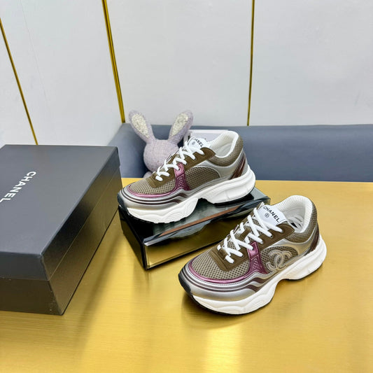 CC Logo Sneakers Sliver Taupe Calfskin Mesh Fabric 927335