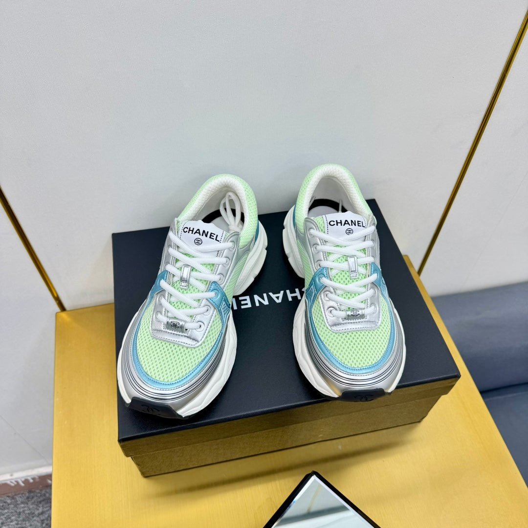 CC Logo Sneakers Sliver Green Calfskin Mesh Fabric 927339