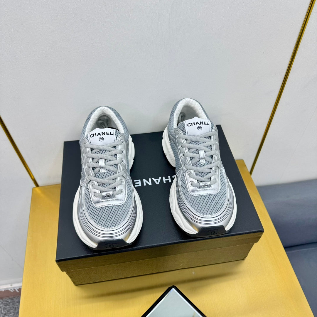 CC Logo Sneakers Sliver Calfskin Mesh Fabric 927339