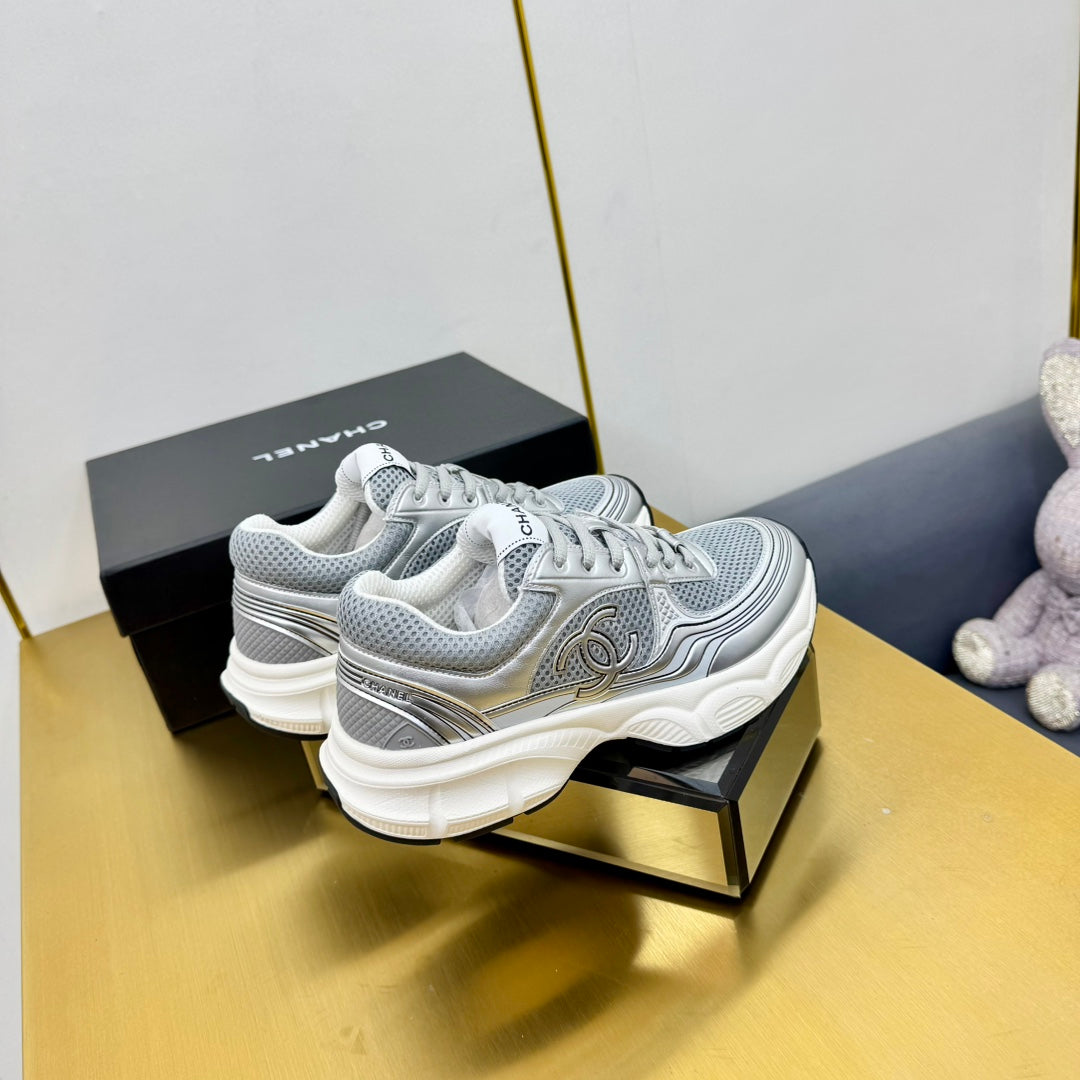 CC Logo Sneakers Sliver Calfskin Mesh Fabric 927339