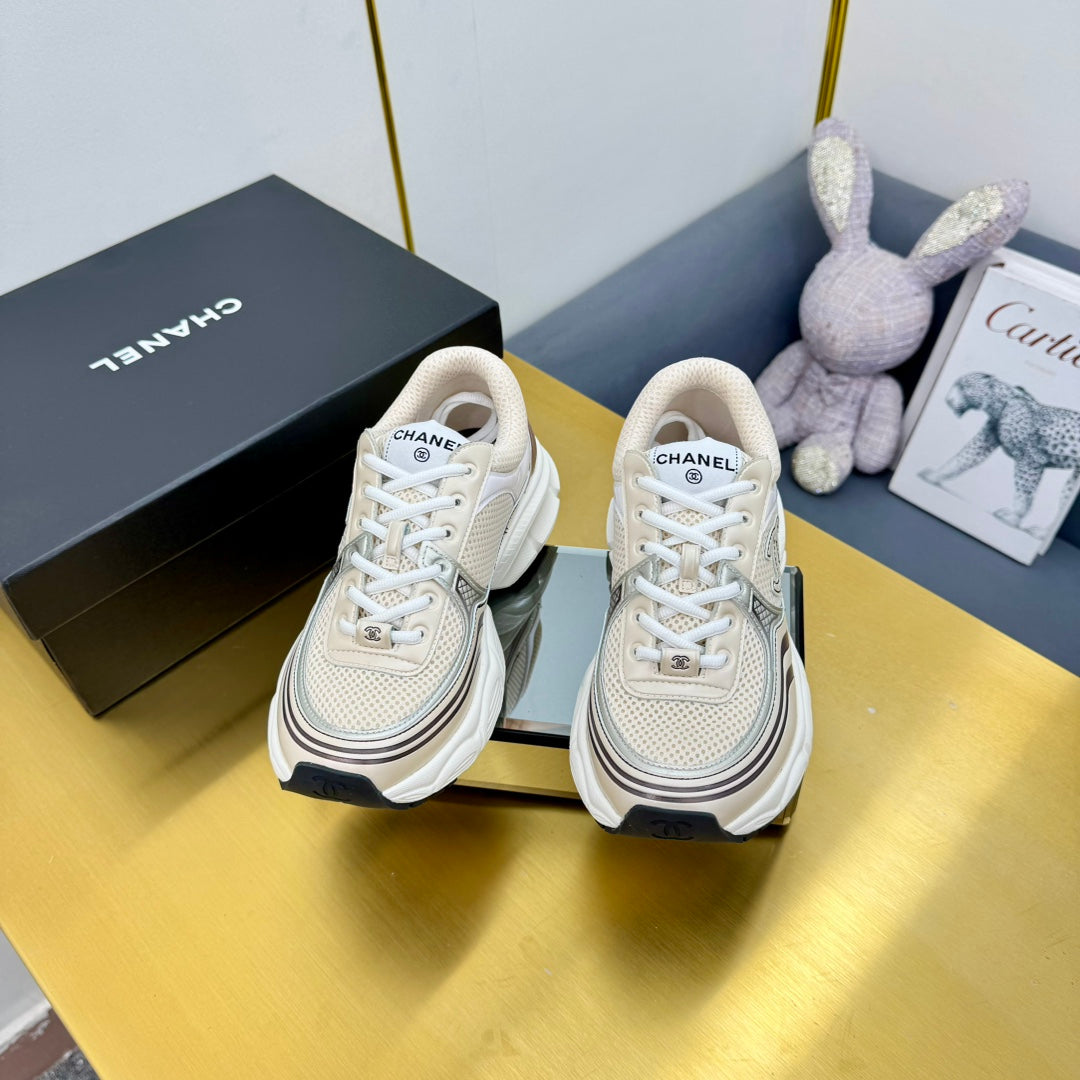 CC Logo Sneakers White Cream Calfskin Mesh Fabric 927340