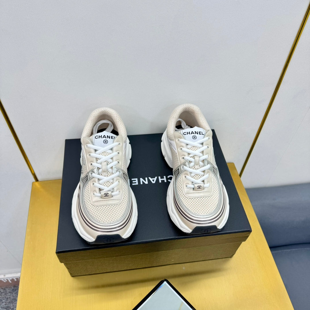 CC Logo Sneakers White Cream Calfskin Mesh Fabric 927340