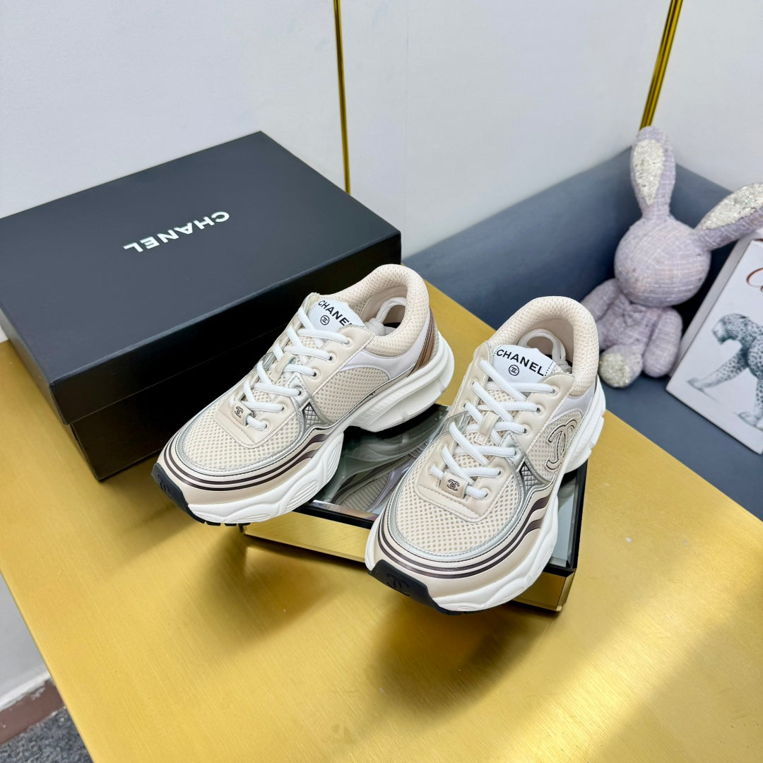 CC Logo Sneakers White Cream Calfskin Mesh Fabric 927340