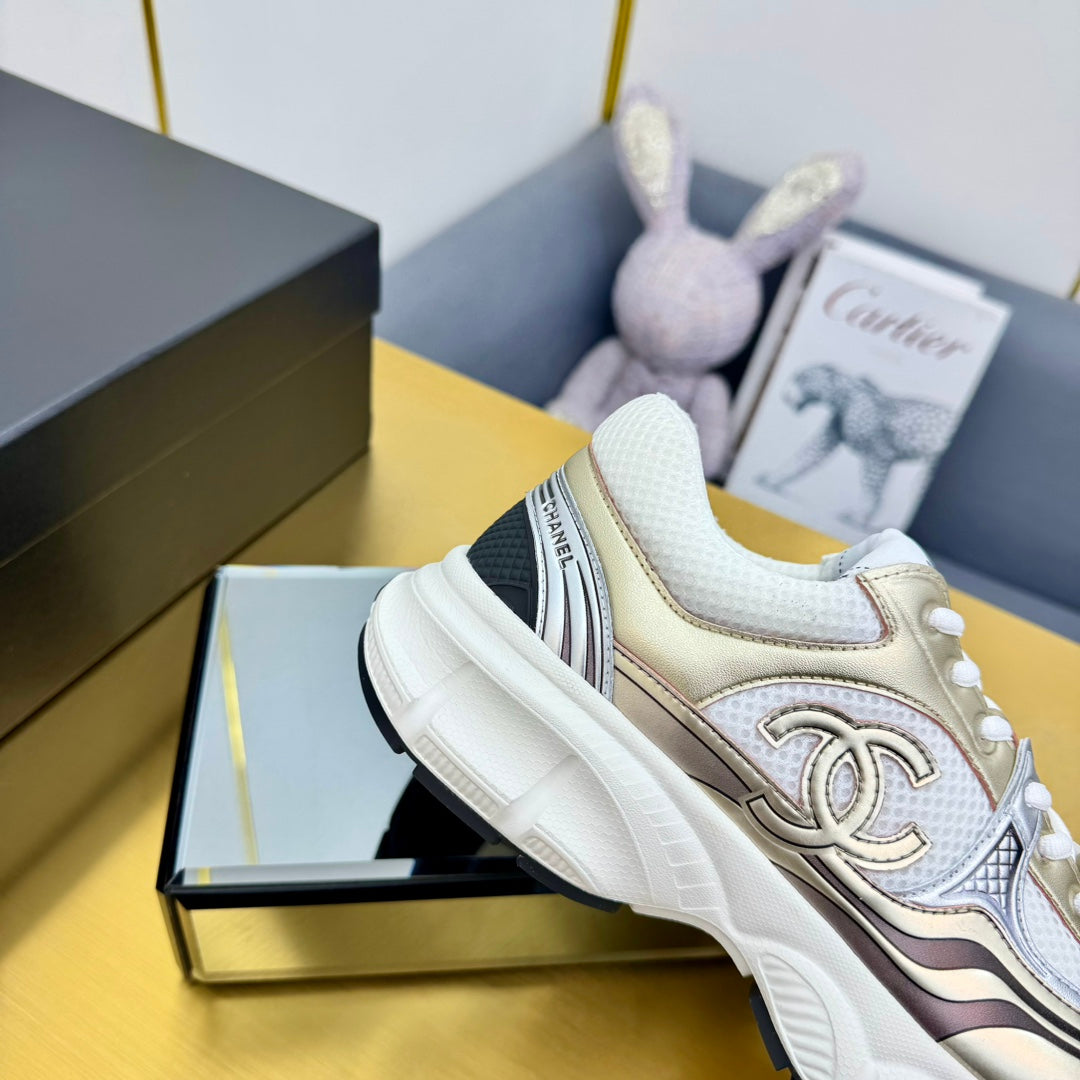 CC Logo Sneakers White Gold Calfskin Mesh Fabric 927341