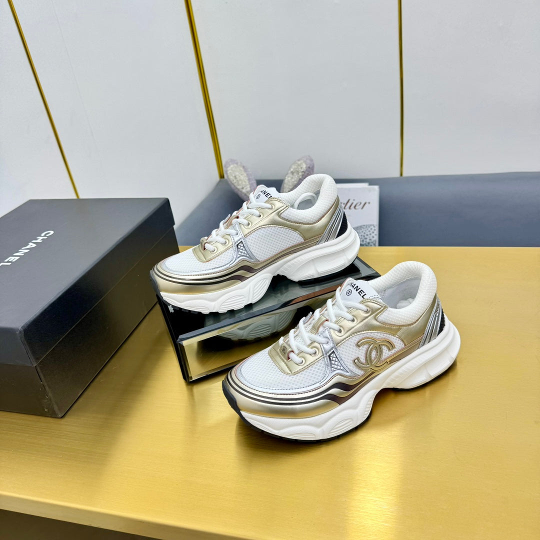 CC Logo Sneakers White Gold Calfskin Mesh Fabric 927341