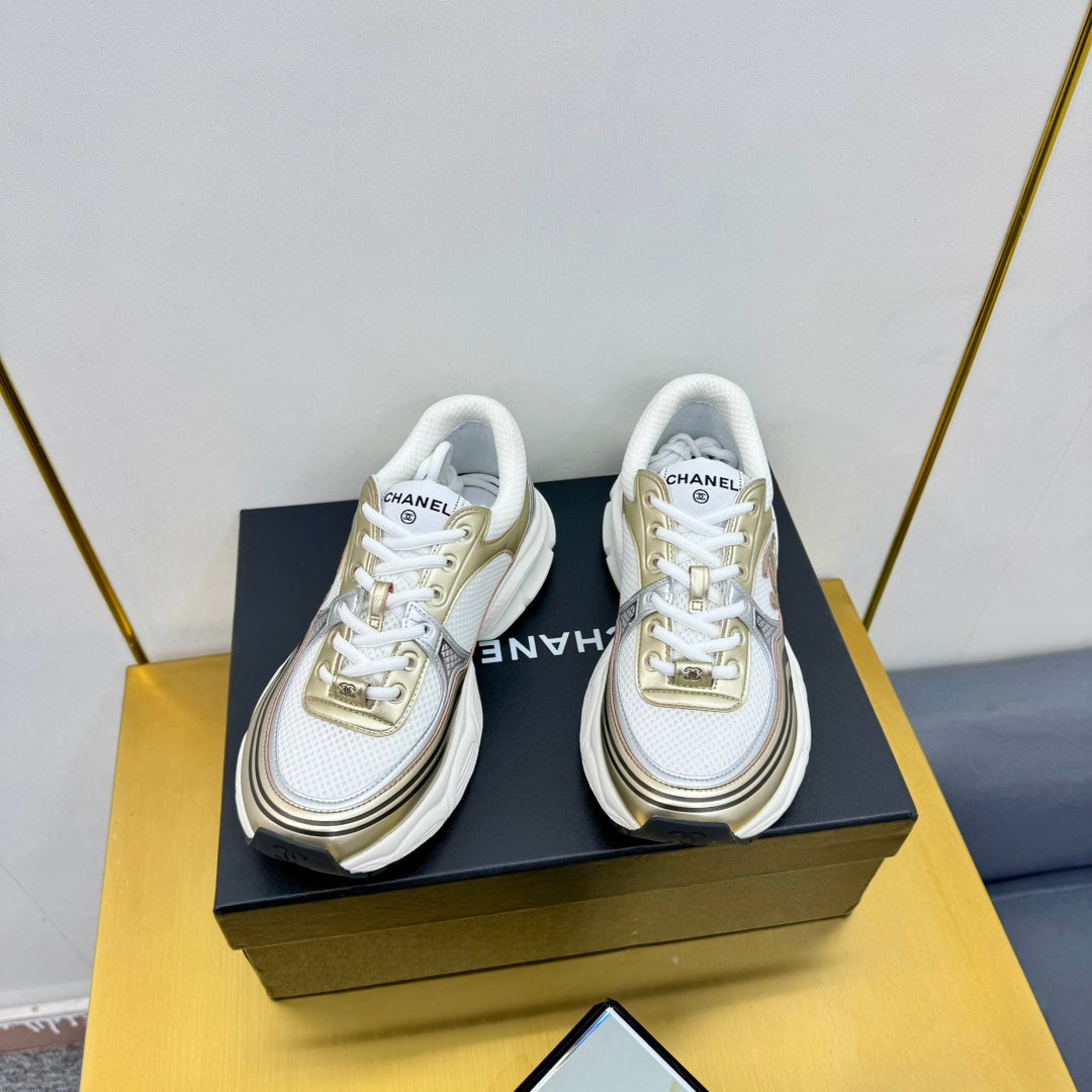 CC Logo Sneakers White Gold Calfskin Mesh Fabric 927341