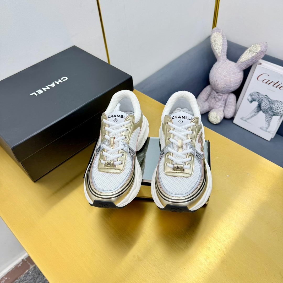 CC Logo Sneakers White Gold Calfskin Mesh Fabric 927341