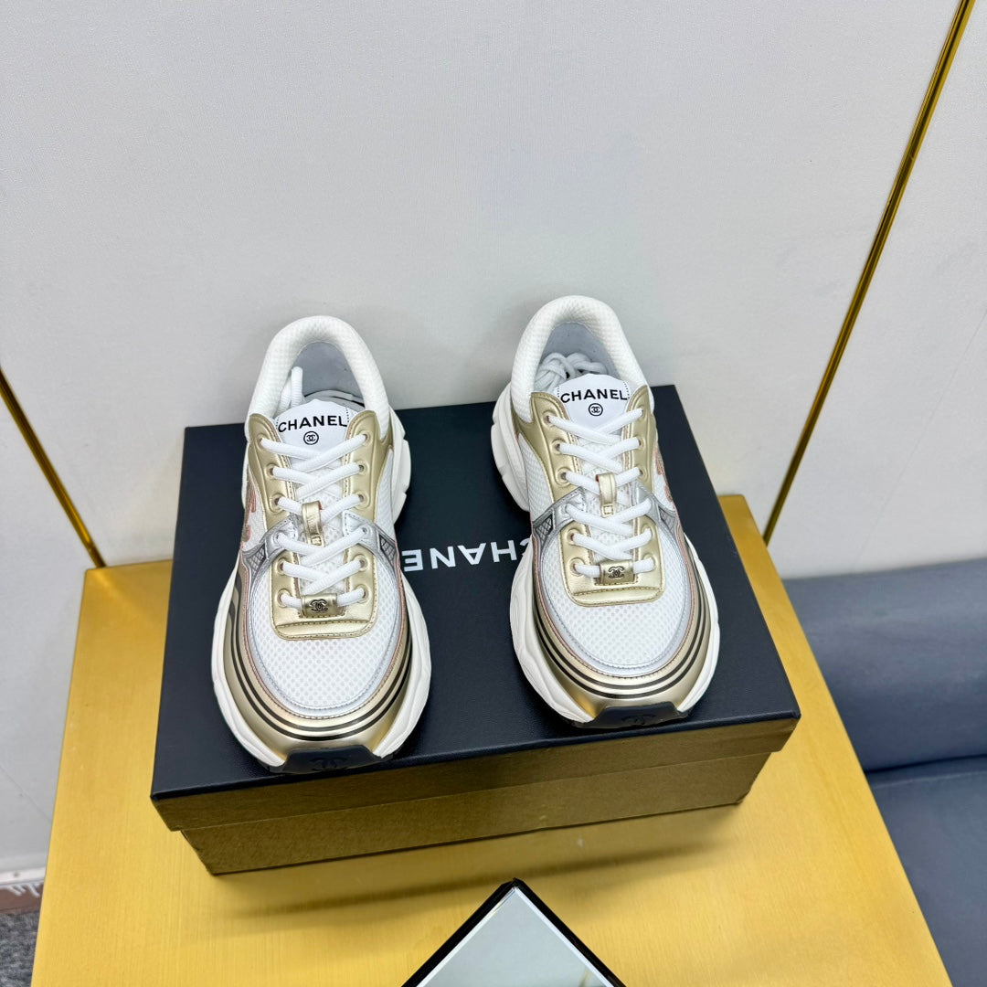 CC Logo Sneakers White Gold Calfskin Mesh Fabric 927341