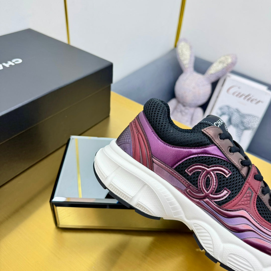CC Logo Sneakers Black Burgundy Calfskin Mesh Fabric 927342