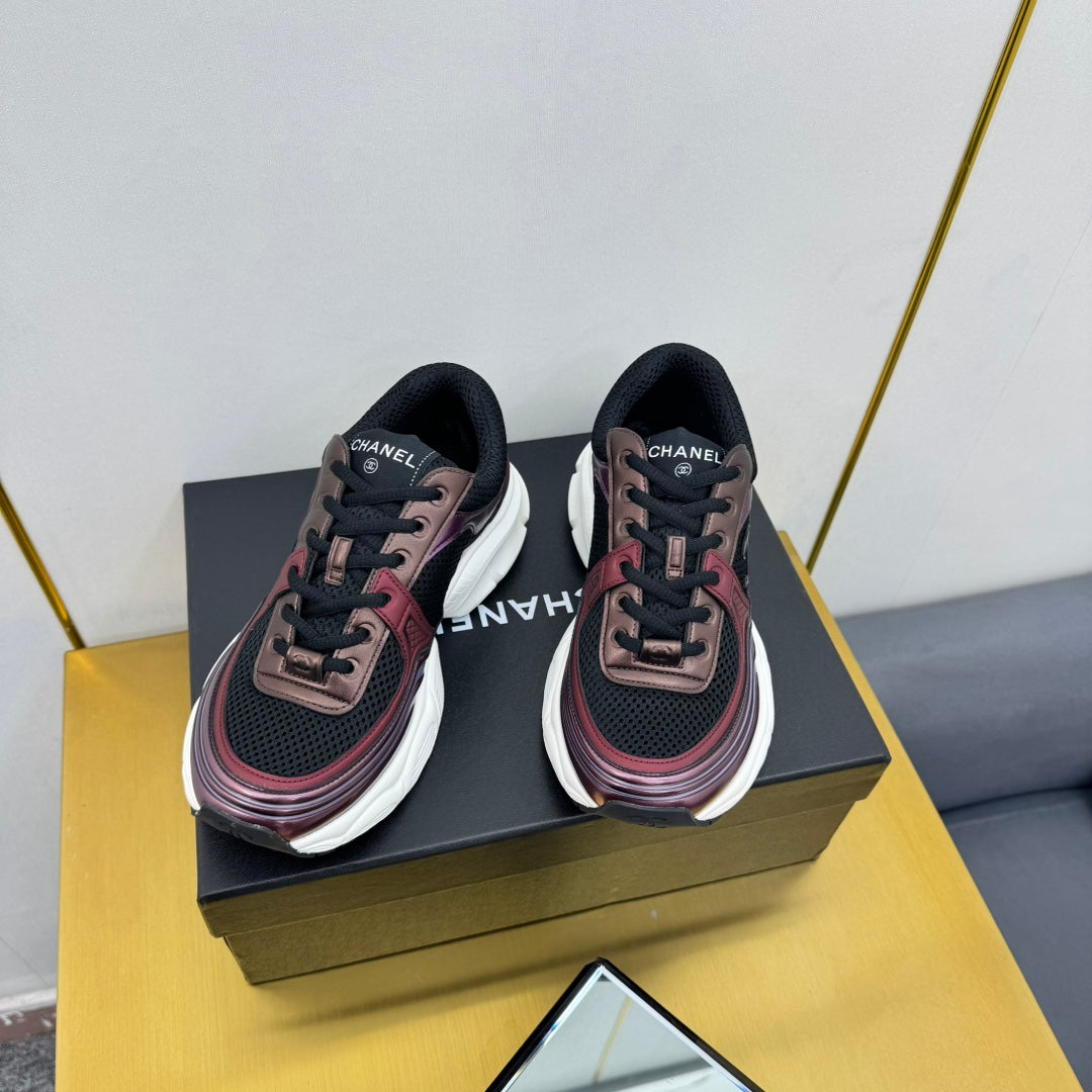 CC Logo Sneakers Black Burgundy Calfskin Mesh Fabric 927342