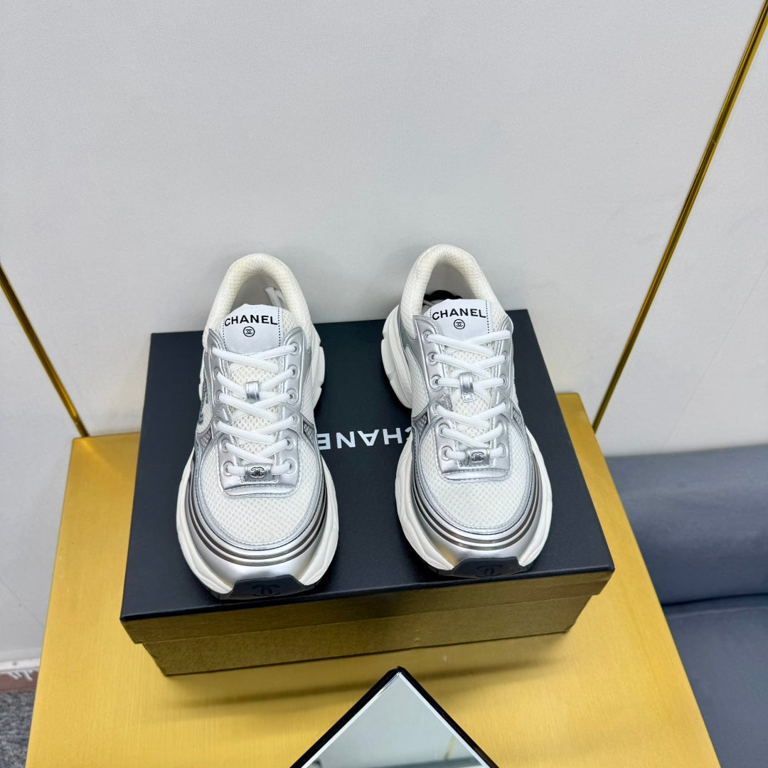 CC Logo Sneakers Sliver Calfskin Mesh Fabric 927343
