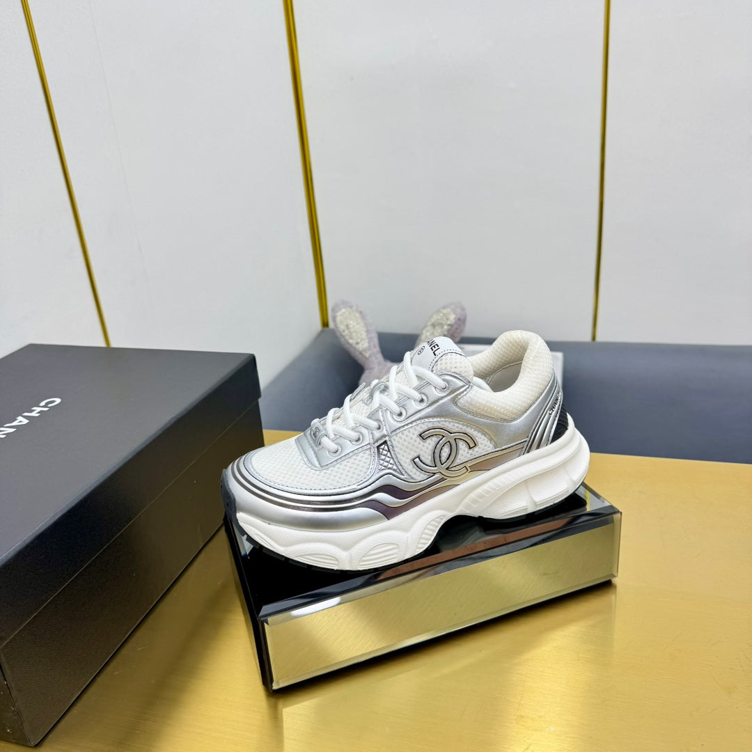 CC Logo Sneakers Sliver Calfskin Mesh Fabric 927343