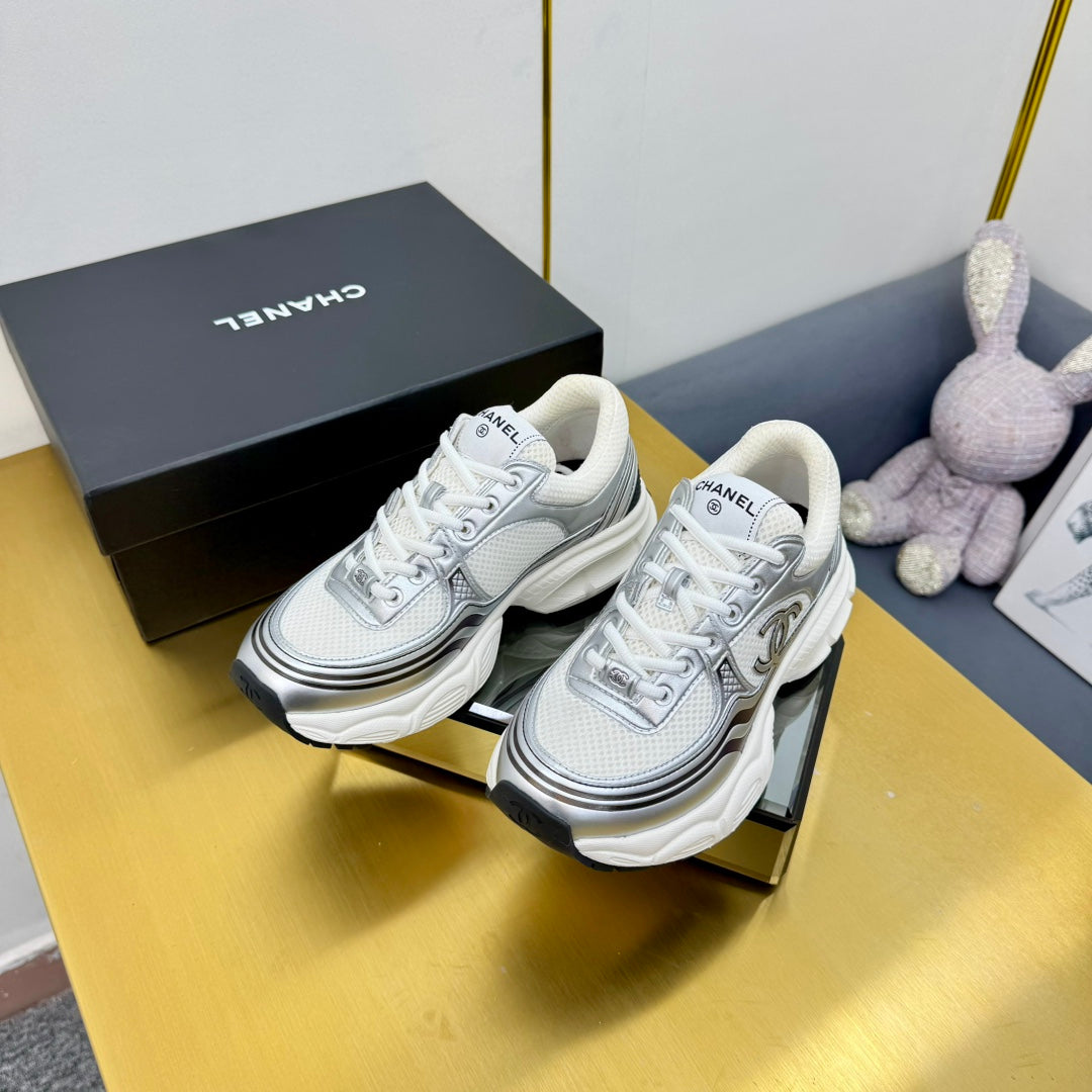 CC Logo Sneakers Sliver Calfskin Mesh Fabric 927343