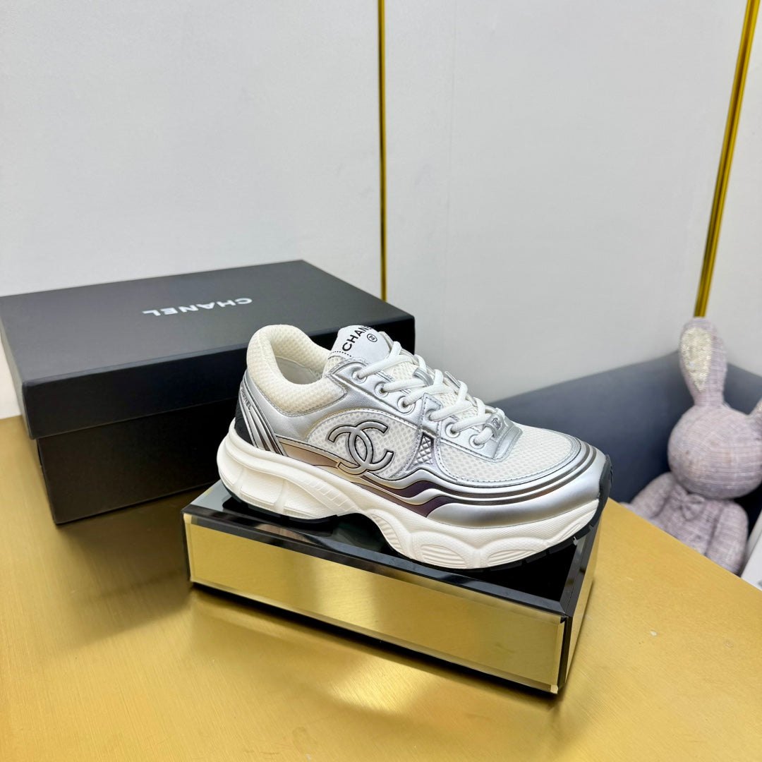 CC Logo Sneakers Sliver Calfskin Mesh Fabric 927343