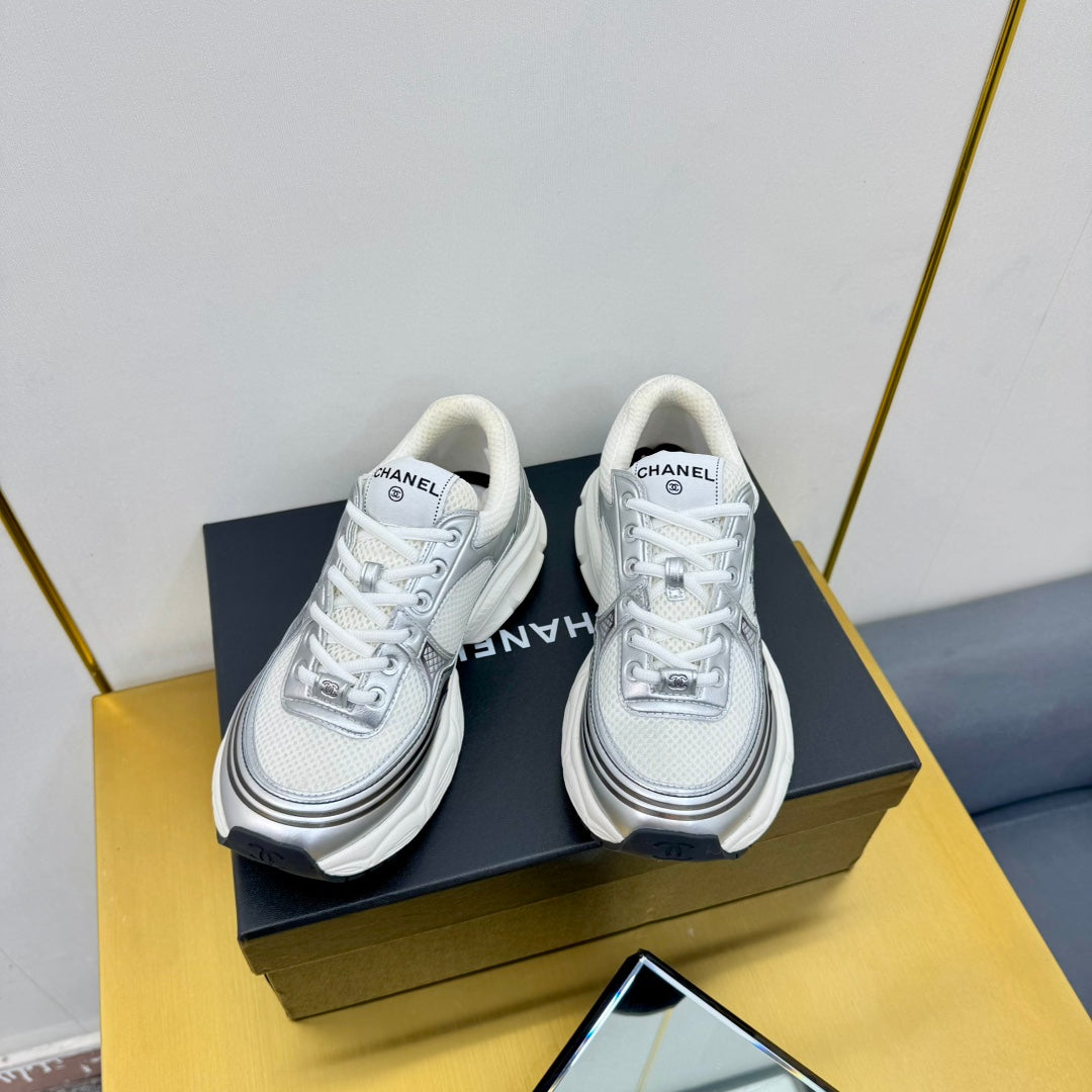 CC Logo Sneakers Sliver Calfskin Mesh Fabric 927343
