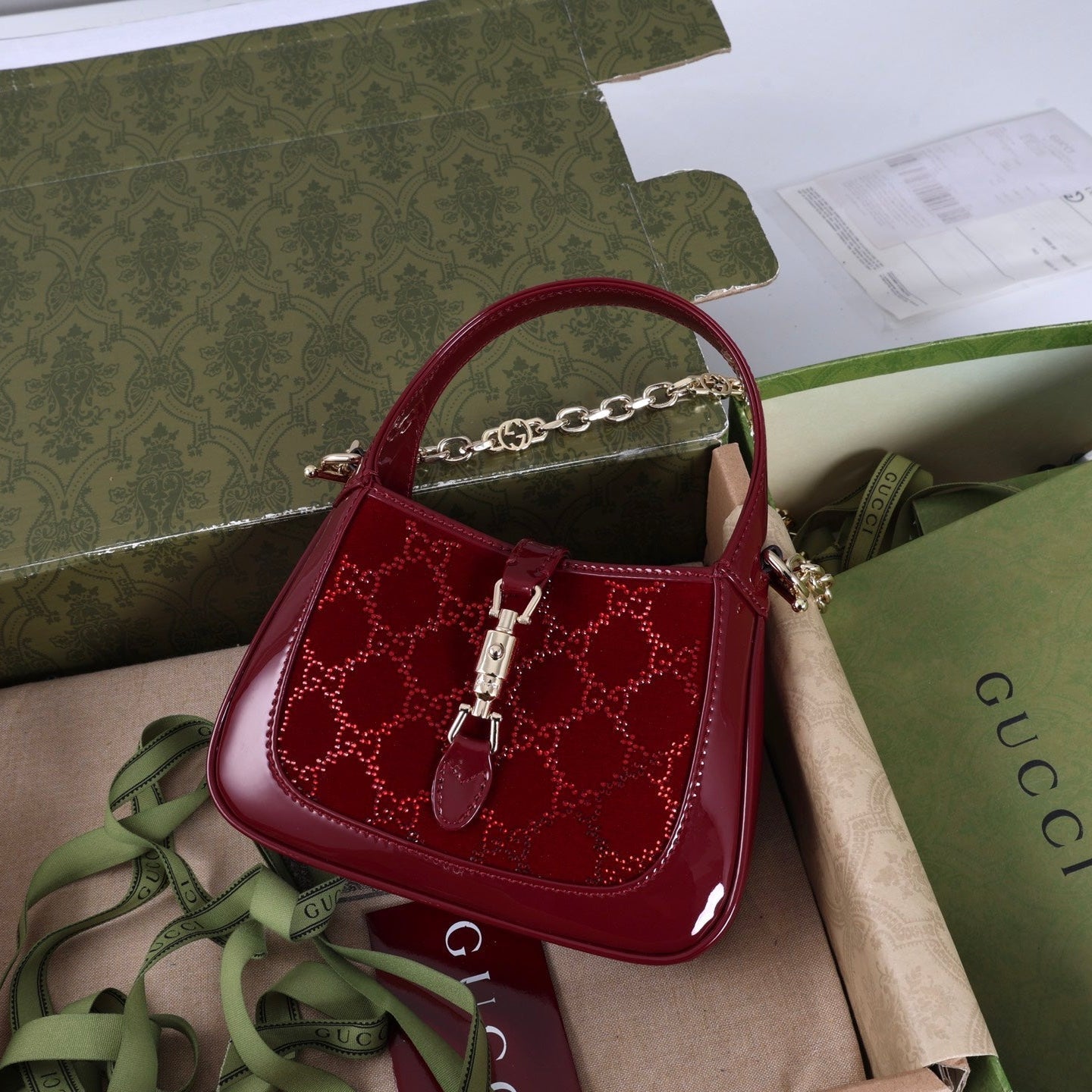 Gucci Jackie 1961 Mini Bag Red Patent Leather Crystals
