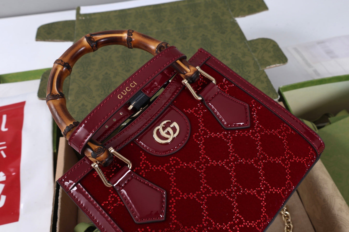 Gucci Diana Mini Tote Bag Red Patent Leather Crystals