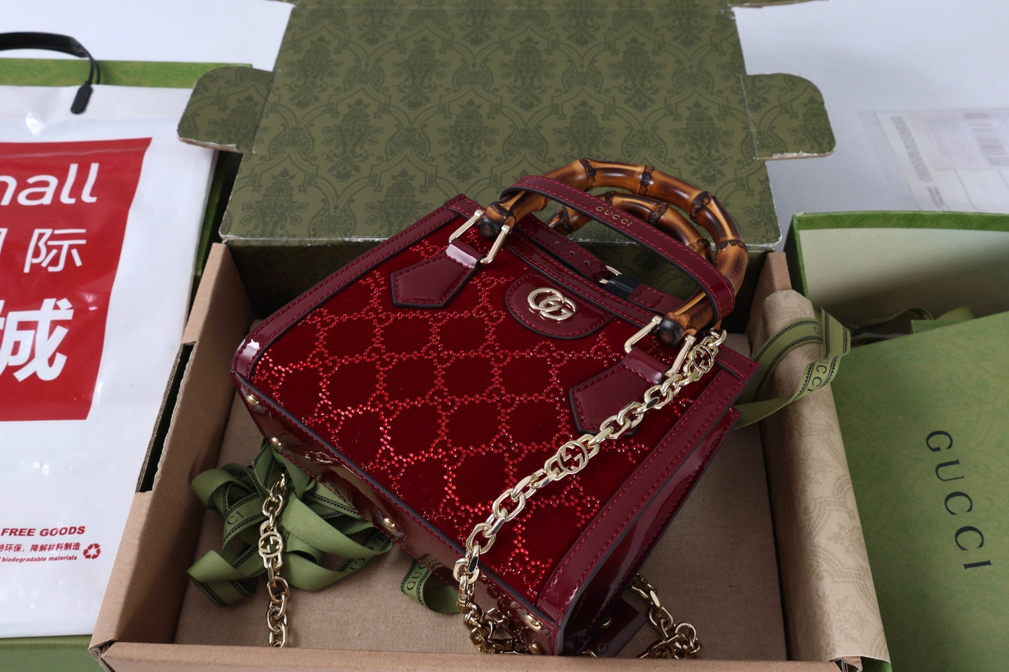 Gucci Diana Mini Tote Bag Red Patent Leather Crystals