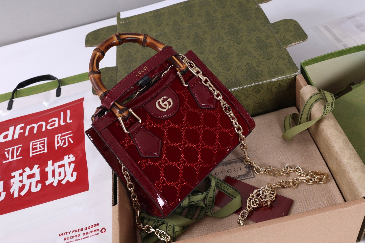 Gucci Diana Mini Tote Bag Red Patent Leather Crystals