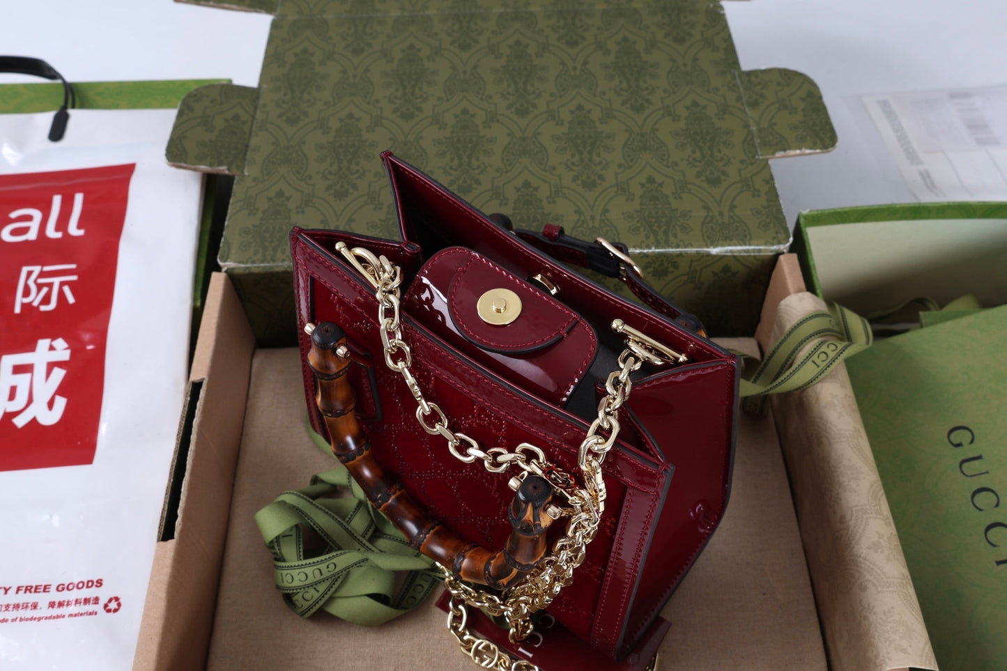 Gucci Diana Mini Tote Bag Red Patent Leather Crystals