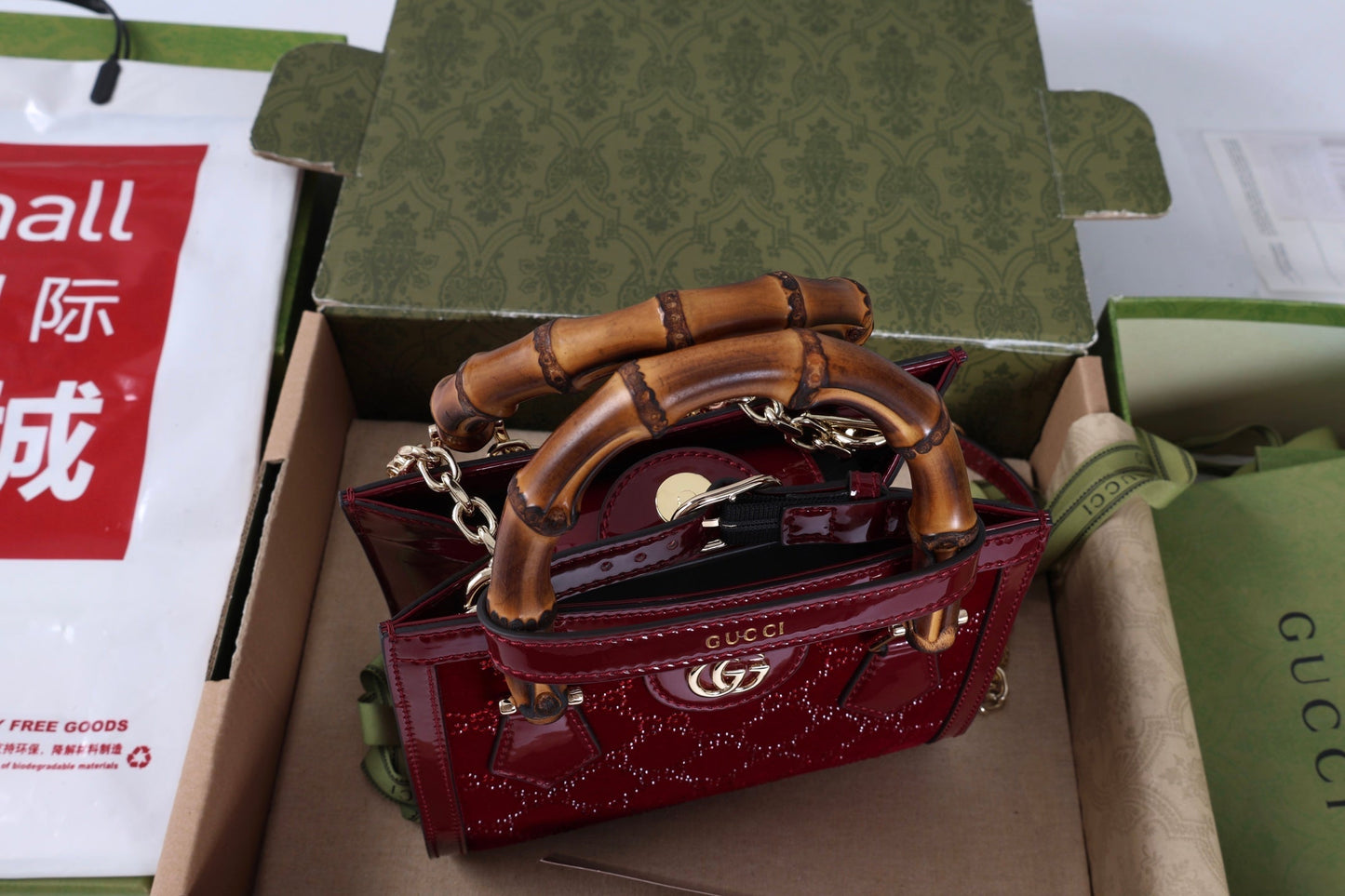 Gucci Diana Mini Tote Bag Red Patent Leather Crystals