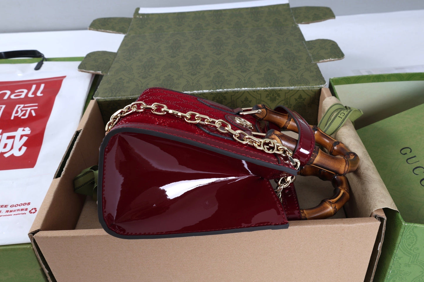 Gucci Diana Mini Tote Bag Red Patent Leather Crystals