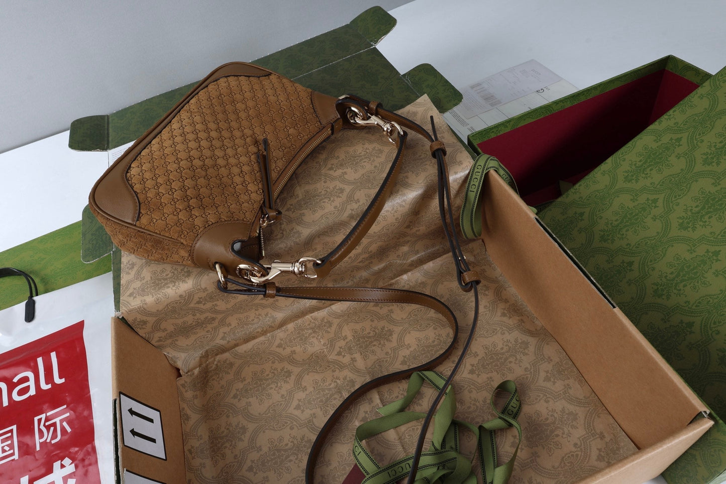 GG B Small Shoulder Bag Brown Suede