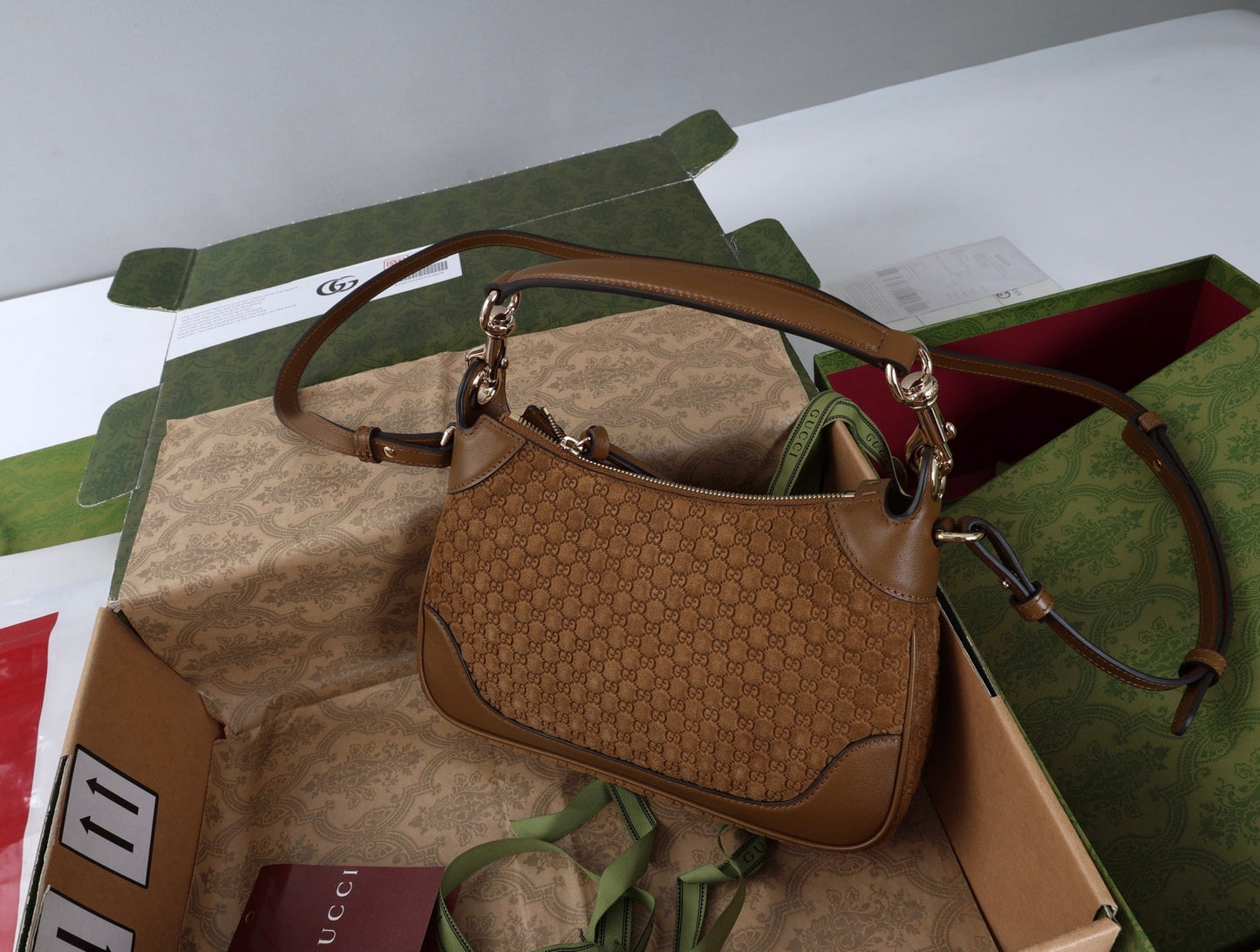 GG B Small Shoulder Bag Brown Suede