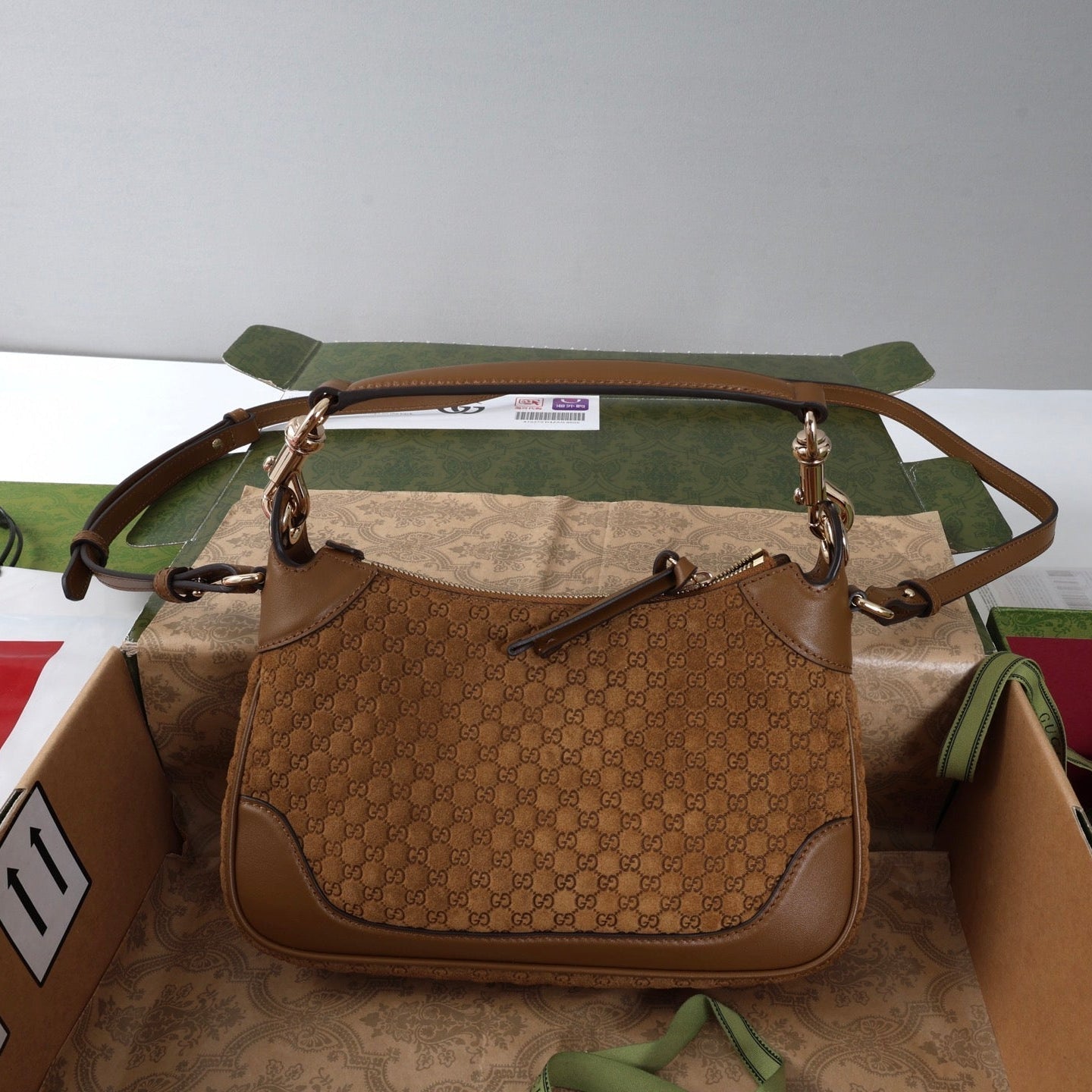 GG B Small Shoulder Bag Brown Suede