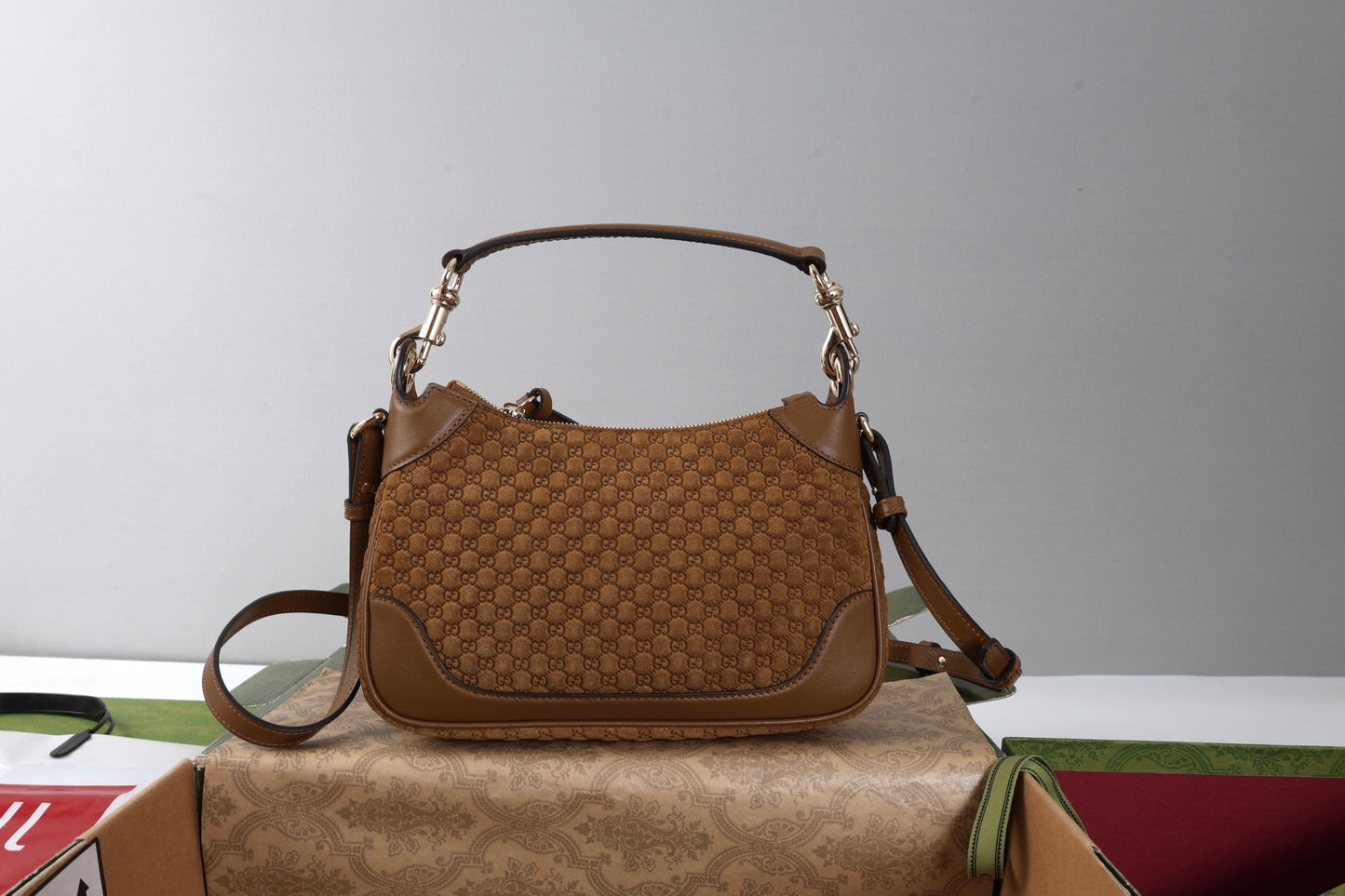 GG B Small Shoulder Bag Brown Suede